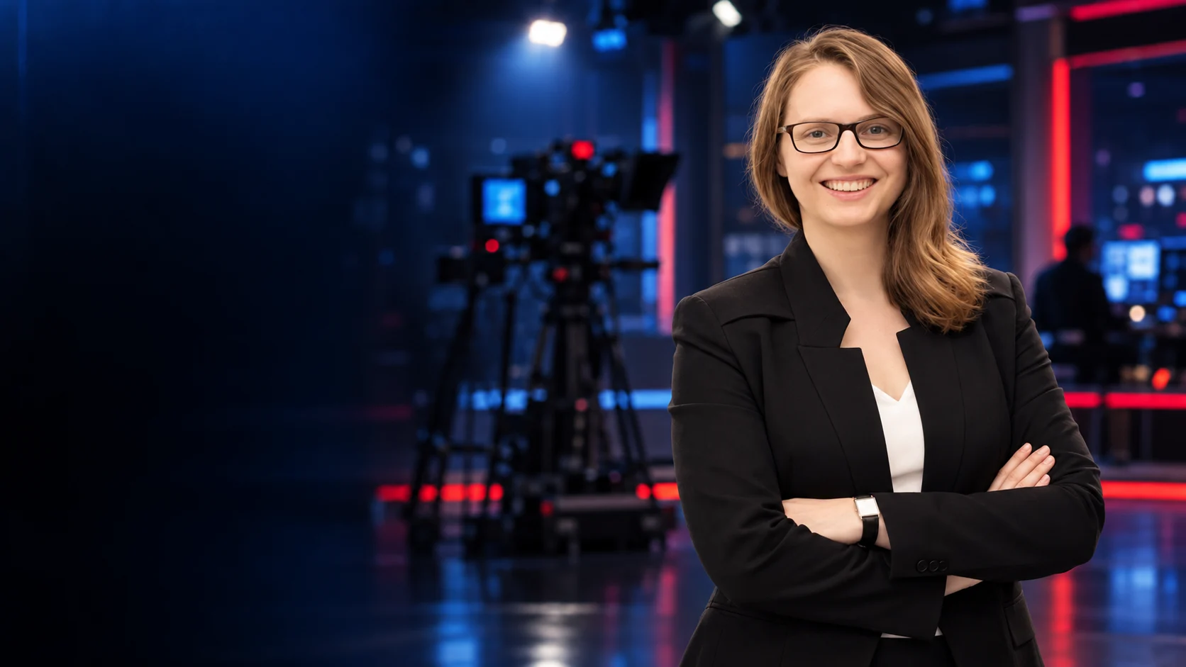 Kobieta prowadząca szkolenia z wystąpień przed kamerą w profesjonalnym studiu telewizyjnym